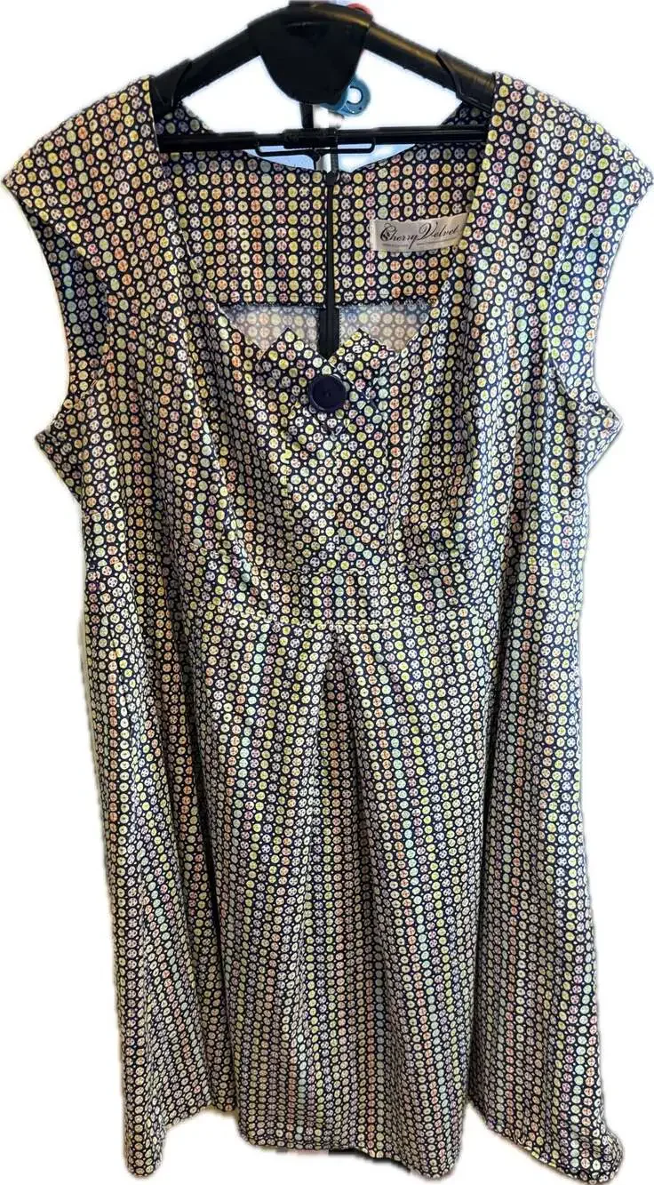 Cherry Velvet Plus Navy Dot Print Fit Flare cap sleeve 3x Dress pockets rockabil